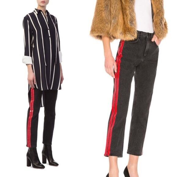 rag & bone Women's Jeans Size 23 Black Red Vinyl Side Striped High Waist Pants - Picture 3 of 12